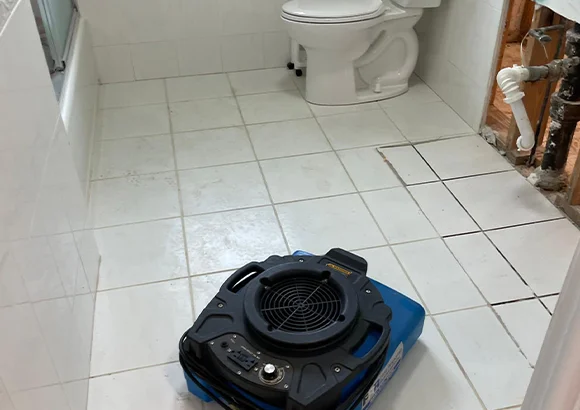 A white tiled bathroom floor with a black and blue industrial fan positioned on it, aimed at the tiles. A toilet is visible in the background, and exposed pipes are on the right.