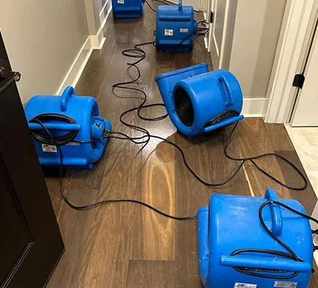 Blue text on left lists emergency service, certified pros, equipment, approach, satisfaction. Right shows room with blue dehumidifiers on wooden floor.